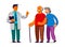 Senior patients and doctor. Volunteers help disabled old people. Vector illustration