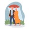 Senior people on date, happy elderly man woman with umbrella walk in rain together