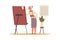 Senior people. Elderly cartoon character drawing picture with easel and palette. Grandmother leisure. Retired person