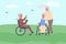 Senior people. Elderly cartoon characters sitting in wheelchairs. Man and women walking outdoor. Retired couple talking