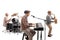 Senior people playing drums, keyboard and a saxophone in a music band