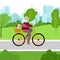 Senior rides on bicycle with his dog in the park. Healthy activity lifestyle for retiree concept in vector. Grandfather