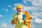 Senior sport man is doing sport outdoors. Active sport workout for old person. Elderly man practicing sports on blue sky