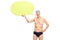 Senior swimmer holding a speech bubble