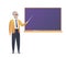 Senior teacher, old man professor standing in front of blackboard in classroom at school, college or university.