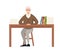 Senior teacher, professor sits by the table. Books and list on wooden table. Cartoon character design. Flat  illustration