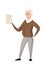 Senior teacher, professor standing in front, and hold the educational material on paper. Cartoon character design. Flat 