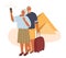 Senior travel activity and summer vacation. Happy elderly couple traveling the world together, flat vector illustration.