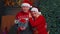 Senior wife and husband looking at camera near glowing Christmas tree, waving hello, making a kiss