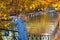 Senior woman by Annecy canal with vibrant autumn reflections. Elder traveler. France