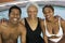 Senior woman and couple at swimming pool portrait.