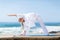 Senior woman exercising beach