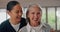 Senior woman, face and caregiver laugh with a smile from homecare and retirement home with medical support