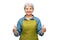 senior woman in garden apron showing thumbs up