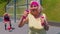 Senior woman grandmother do sport training boxing fitness aerobics cardio exercising with dumbbells