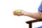 Senior woman hand exercise with green circle workout equipment i