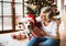 Senior woman with her dog opening Christmas presents.