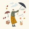 Senior Woman Hold Broken Umbrella Protecting from Hurricane. Aged Female Character Fighting with Extremely Blowing Wind