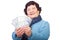 Senior woman holding Romanian money