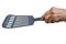 Senior woman left hand holding black plastic spatula for cooking on white background, Close up shot, Kitchen utensils concept