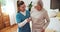 Senior, woman and nurse with walking stick for help, support and bed in retirement home. Elderly, person with a