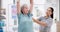 Senior woman, physical therapy and stretching exercise or workout support in rehabilitation, physiotherapy or healthcare