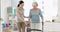 Senior woman, physiotherapy and walking frame for support, healing advice and healthcare assessment. Elderly patient