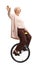 Senior woman riding a unicycle and waving at the camera