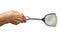 Senior woman right hand holding Stainless spade of frying pan on white background, Close up shot, Kitchen utensils concept