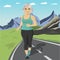 Senior woman running or sprinting on road in mountains. Fit mature female fitness runner during outdoor workout