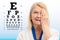 Senior woman testing vision with eye chart