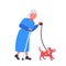 Senior woman walking with dog in muzzle grandmother and animal pet having fun best friend concept female cartoon