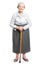 Senior woman with walking stick standing on white