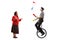 Senior woman watching a mime riding a mono-cycle and juggling