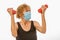 Senior Woman Wearing Surgical MaskStruggling With Dumbbells During Corona Virus Pandemic