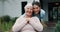 Senior woman, wheelchair and nurse face with bonding and caregiver outside retirement home. Elderly, smile and person