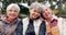Senior, women and friends face in park with bonding and retirement smile in a garden. Nature, portrait and hug with