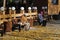 Senior women sitting on wooden bench and reading a book in Fili park in Moscow