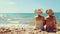 Senior women in straw hats sitting together on beach, back view, summer travel outdoors