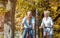 Seniors on bicycles having tour in park