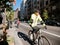 Seniors cycling in central Barcelona morning fitness