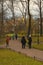 Seniors engaged in Nordic walking in the Park in late autumn