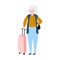 Seniors happy traveling. Grandmother on trip. Oldest woman with suitcase on trip. Vector illustration