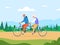 Seniors tandem bike. Old couple ride on couplebike, cute grandpa grandmother travel cycling, grandparents arthritis