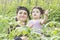 Senor Grandmother portrait with her grandchild at garden enjoying together