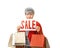 Senora woman with shopping bags and SALE sign isolated