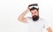 Sensational feelings of using VR headset. Man bearded hipster with virtual reality headset on white background isolated