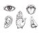 Sense organs. Hand drawn mouth and tongue, eye, nose, ear and hand palm. Engraving five senses vector illustration