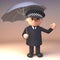 Sensible policeman police officer in 3d sherltering from the rain under an umbrella, 3d illustration