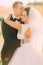 The sensitive close-up portrait of the groom kissing the bride in the forehead in the wheat field.